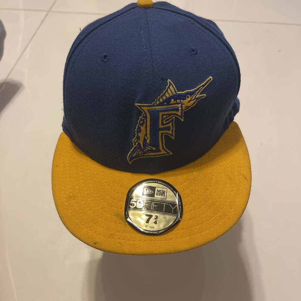 New Era Miami Marlins Fitted Cap Blue Gold Size 7 3/4 MLB Baseball Hat